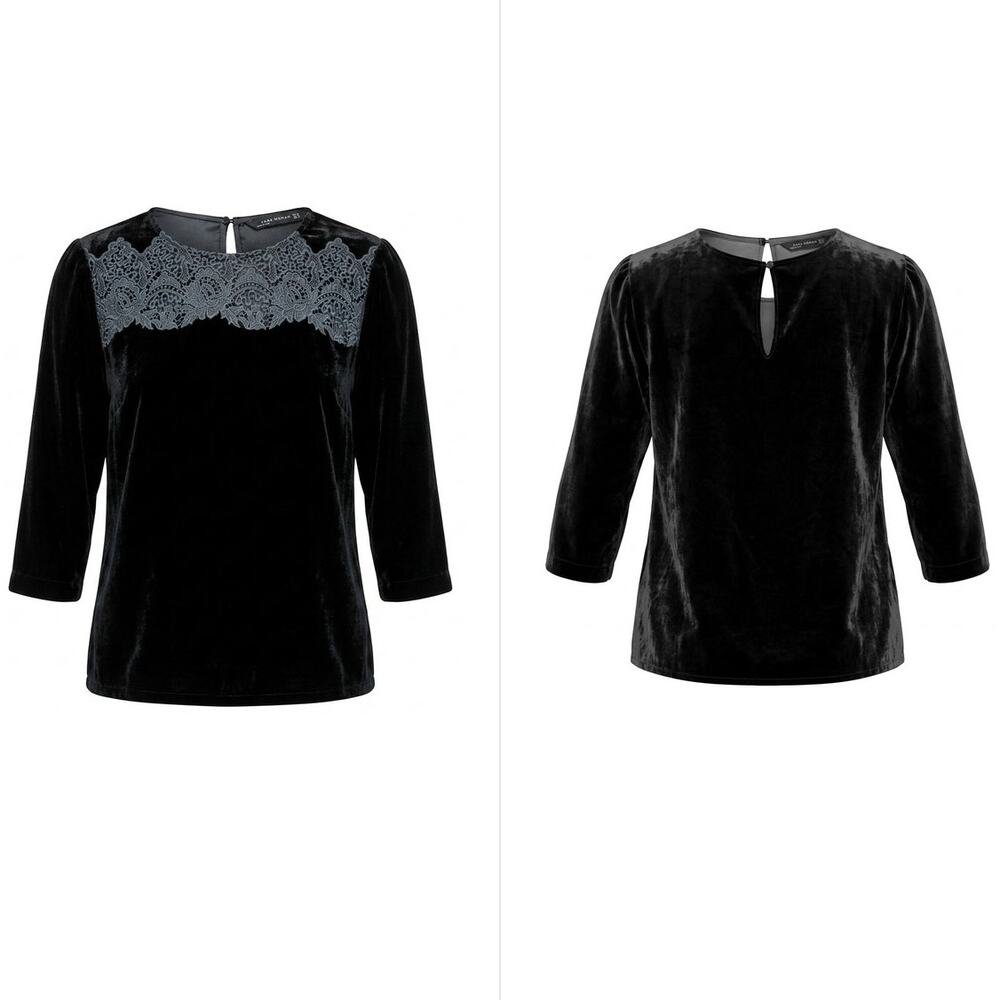 Zara Black Velvet Lace Yoke 3/4 Sleeve Blouse Solid Crew Neck Women Size XS